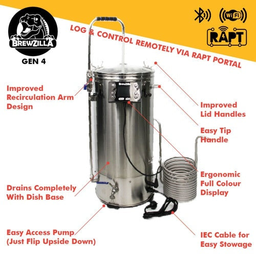 KegLand BrewZilla All Grain Brewing System | Gen 4 | Integrated Pump | Includes Wort Chiller | Wifi | Bluetooth| RAPT | 35L | 9.25G | 110V